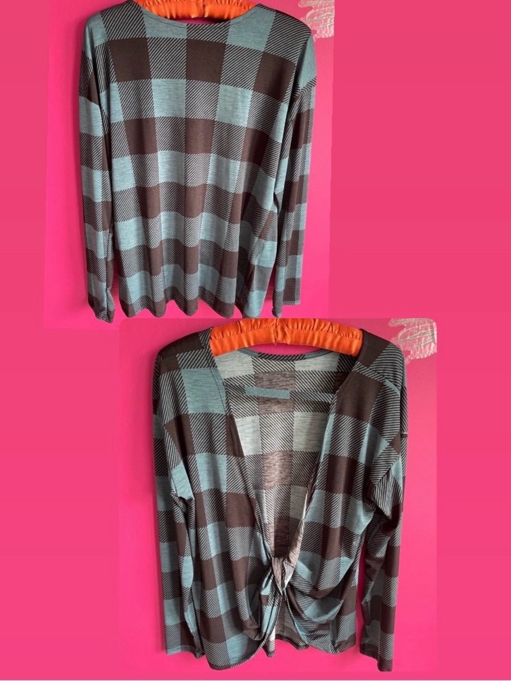 Buffalo plaid twist back top- Teal and Black